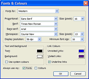 Firefox Fonts and Colors dialog box