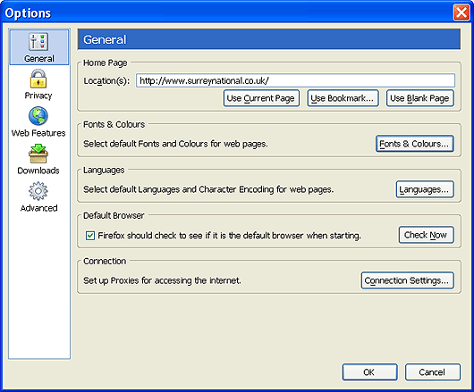 Firefox Options dialog box