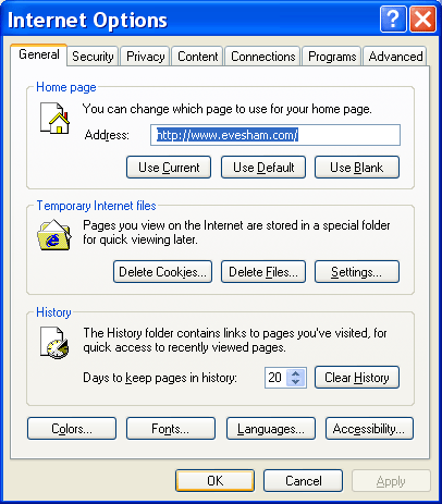 Internet Explorer Options dialog box