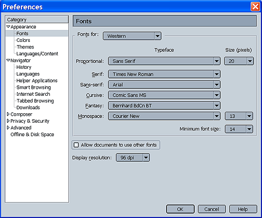 Netscape Navigator Font Style Preferences dialog box