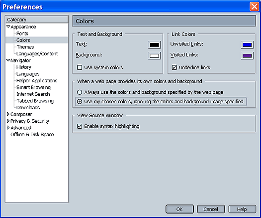 Netscape Navigator Colour Preference dialog box
